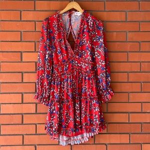 L'ATISTE Women's Red Floral Long Sleeve Open Back Floral Short Dress Size Larg